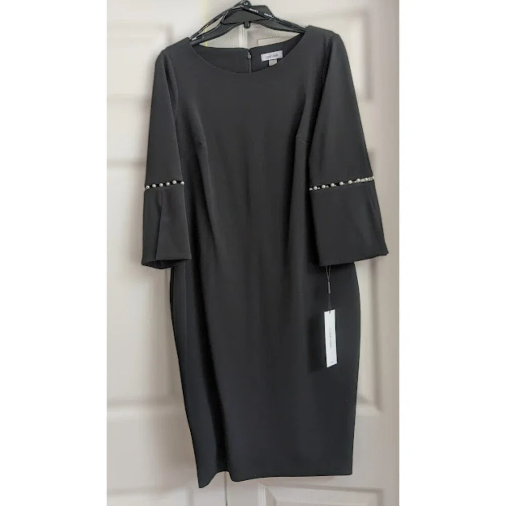 NWT Calvin Klein Imitation Pearl Trim Split Bell Sleeve Sheath Dress Size 12 - Picture 2 of 6